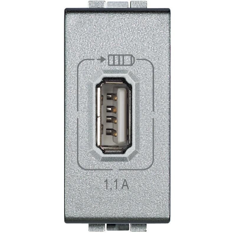 Розетка USB-зарядка, 5B=750mA, 1 модуль. Цвет Алюминий. Bticino LIVINGLIGHT. NT4285C1