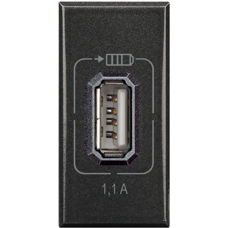 USB розетка 5B= 1100 мА для зарядки, 230 В~, 1 модуль. Цвет Антрацит. Bticino AXOLUTE. HS4285C1