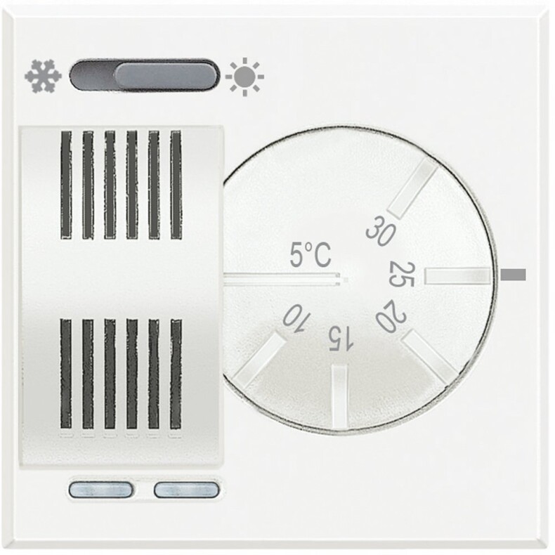 Электронный комнатный термостат со встроенным переключателем режимов «лето/зима», релейный выход с контактом C-NO, 2 А, 250 В~, питание 230 В~, 2 модуля. Цвет Белый. Bticino AXOLUTE. HD4442