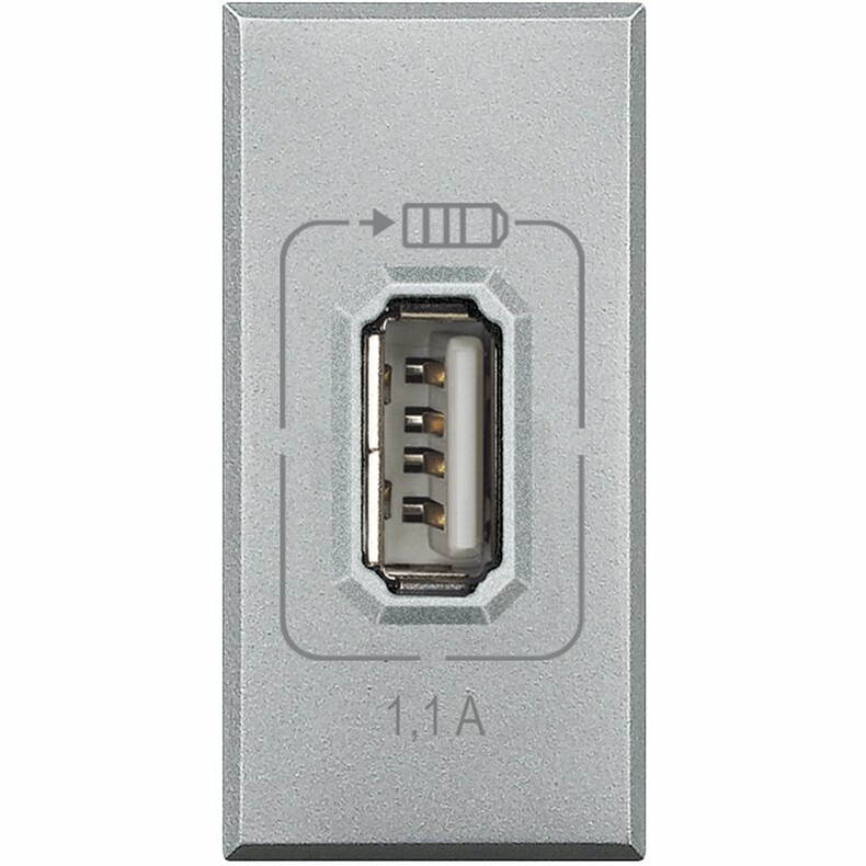 USB розетка 5B= 1100 мА для зарядки, 230 В~, 1 модуль. Цвет Алюминий. Bticino AXOLUTE. HC4285C1
