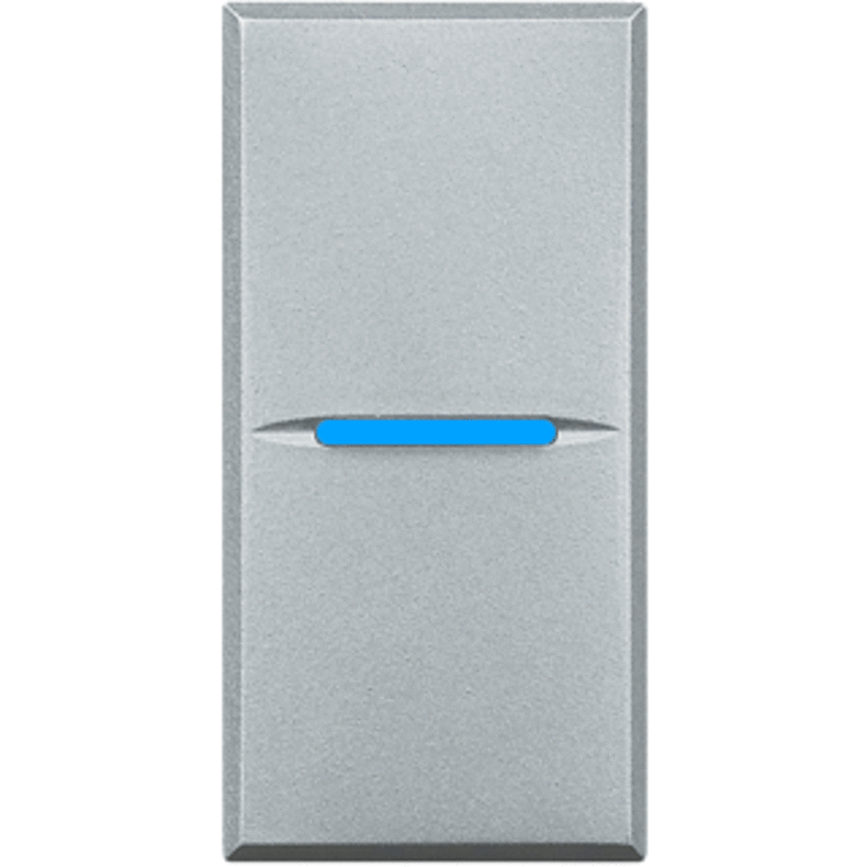 Кнопочный выключатель с подсветкой голубого цвета 16 А 250 В~, дизайн AXIAL, 1 модуль. Цвет Алюминий. Bticino AXOLUTE. HC4005N+H4743/230B